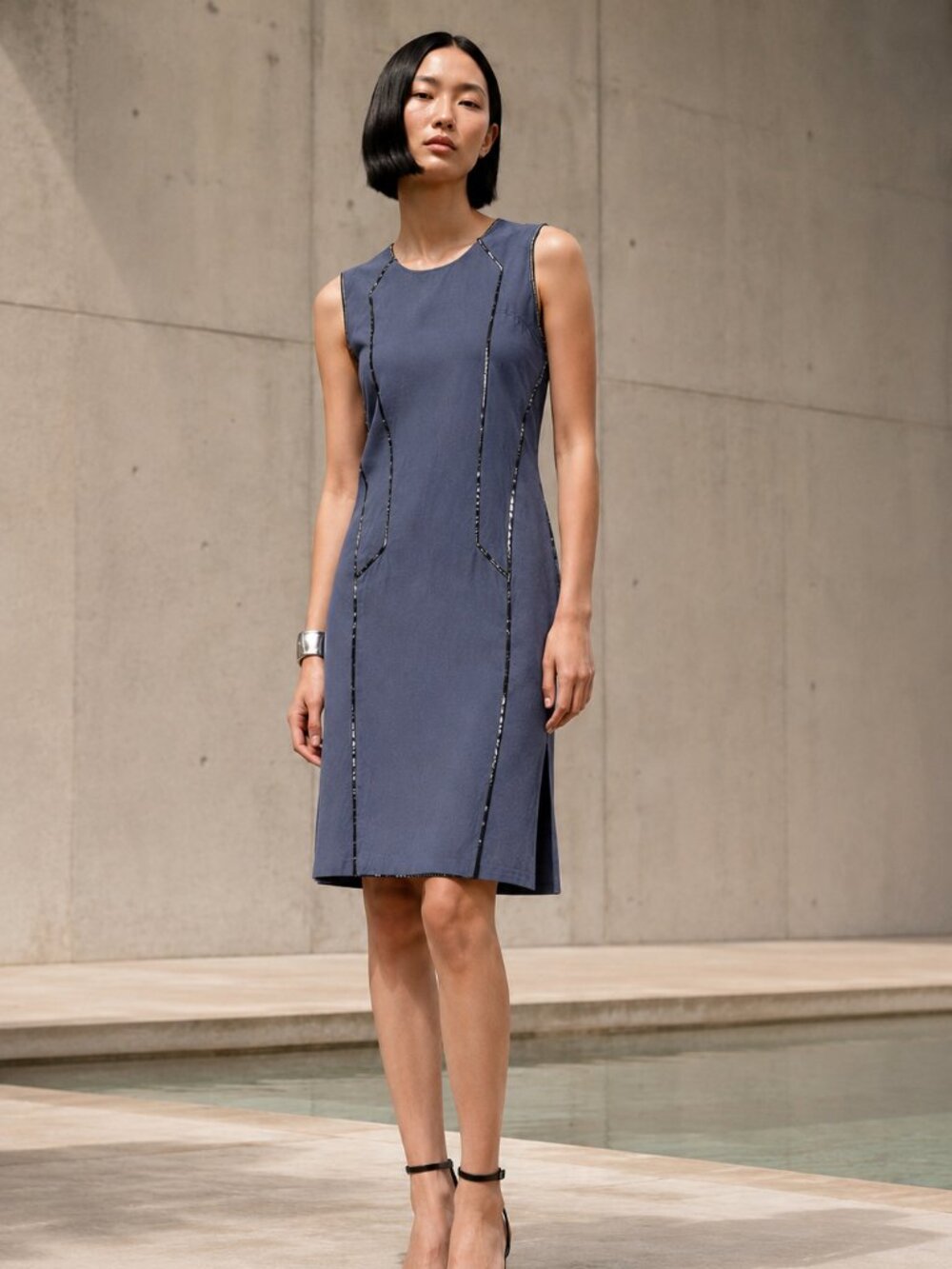 Helmut Lang Dress Sheath Angora Viscose Patent Trim Sleeveless Minimalist